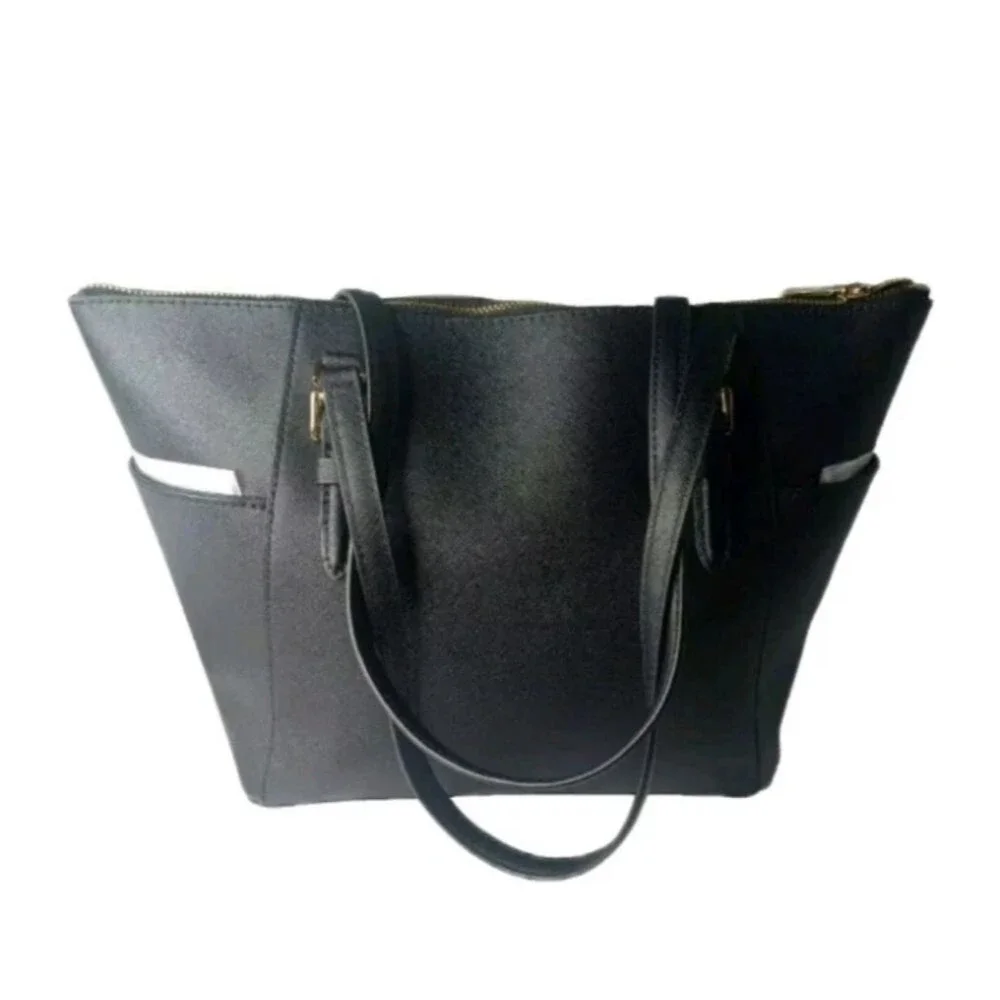 Michael Kors Charlotte Saffiano Leather Top Zip Tote Bag~Black